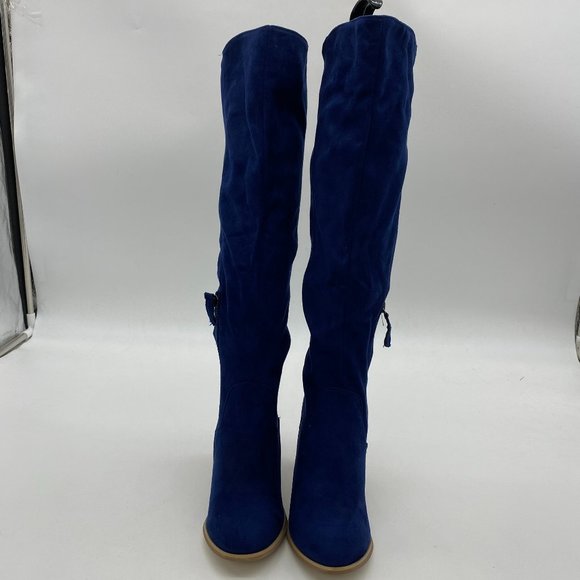 Shoes - Blue Chunky Heel Round Toe Zipper Knee High Boots